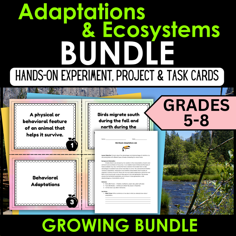 Adaptations and Ecosystems Bundle | Adaptations Experiment | Task Cards